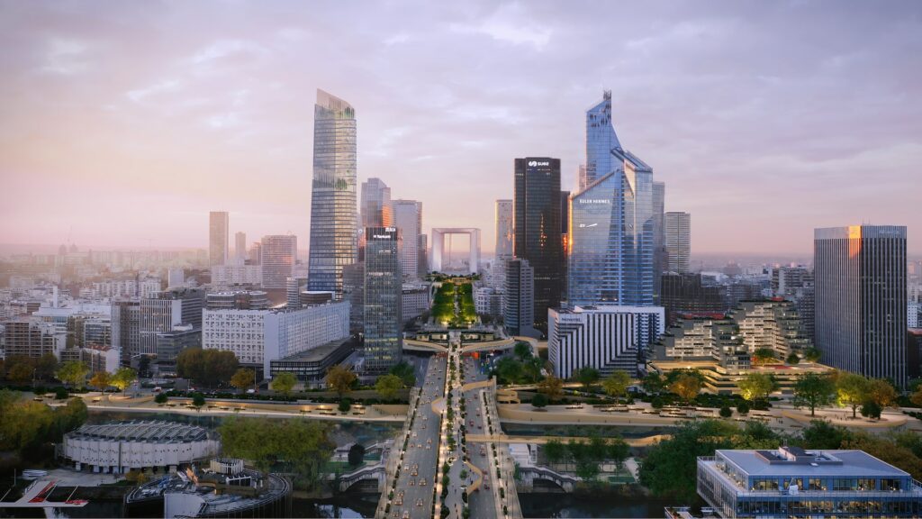 Quartier de la défense couché de soleil
